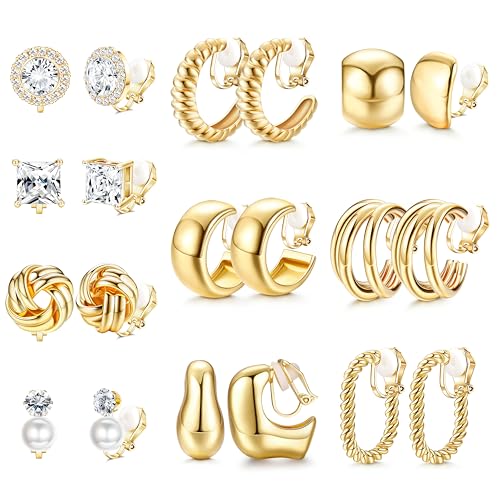 FIBO STEEL 10 Pairs Clip On Earrings for Women Non Pierced Ears CZ Pearl Knot Twist Chunky Hoop and Studs Earring Set Ear Clips Jewelry 14K Gold Plated