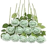 JUSMAI 12pcs Roses Artificial Flowers Real Touch Fake Flowers with Long Stems Silk Flowers for Wedding Bouquet Centerpices Decorations Party Bridal Baby Shower Home Decor (Sage Green)