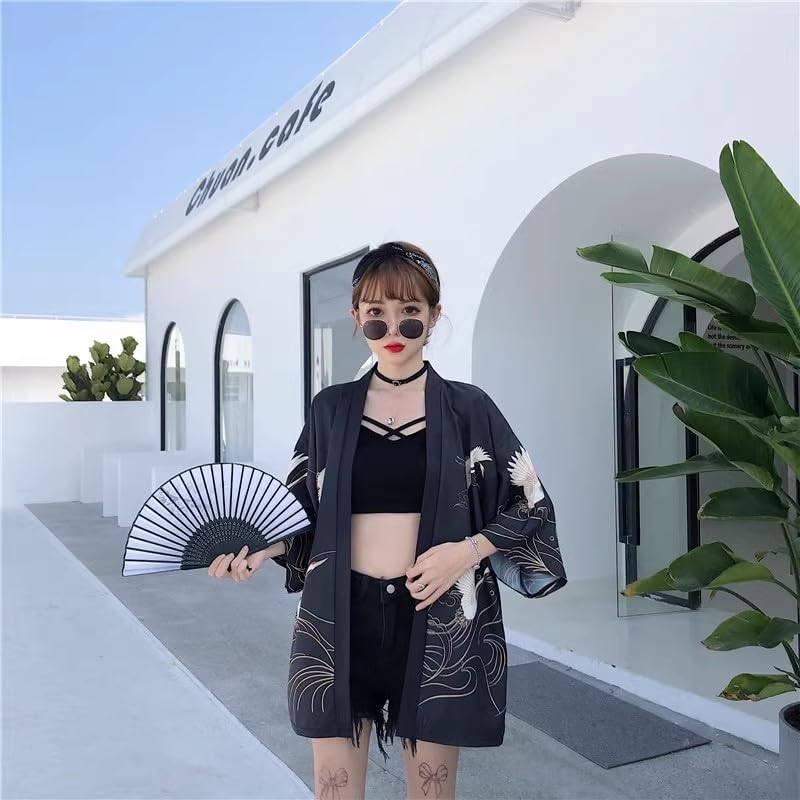 Image of LAI MENG FIVE CATS Women's Floral Print Loose Blouse Japanese Kimono Tops | Puff Sleeve,Cover up Top,Casual Cute Tops,Summer Cardigans 2026