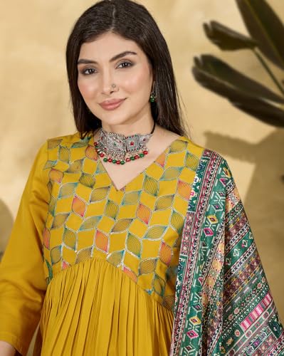 Image of SheWill Women's Mustard American Crepe Zari Sequence Embroidered Alia Cut Kurta with Pant and Dupatta