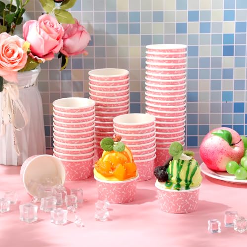 Image of Maxdot 60 Pcs 3 oz Paper Ice Cream Cup Disposable Dessert Western Cup Paper Yogurt Snack Bowl Bulk for Hot and Cold Food Ice Cream or Mousse for Birthday Valentine Party Supplies(Pink,Bow Knot)