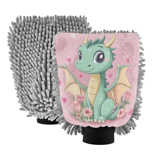 STAYTOP Cute Cartoon Dragon with Flowers Car Wash Mitt Microfiber, 2Pcs Scratch Free Lint-Free, Premium Chenille Microfiber Mitt Car Wash Brush-M