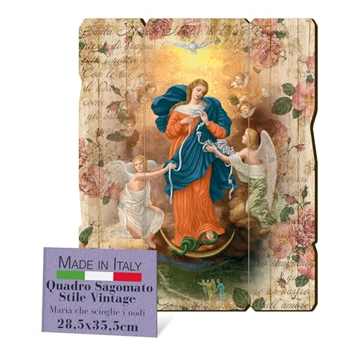 F.LLI BONELLA - Quadro Legno Sagomato Vintage Madonna Che Scioglie I Nodi - Camera da Letto Sacro 28.5 x 35.5 cm - Made in Italy