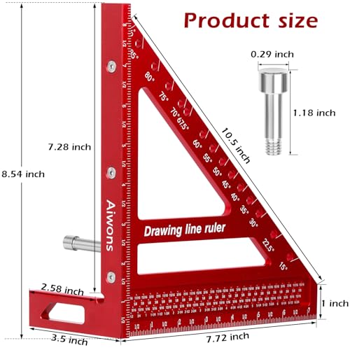 8.5 inch 3D Multi-Angle Measuring Ruler-Large Precision Woodworking | 3D Square Protractor 15-90 Degree and Miter Triangle-Aluminum Alloy Drawing Line Ruler for Engineer Carpenter Red
