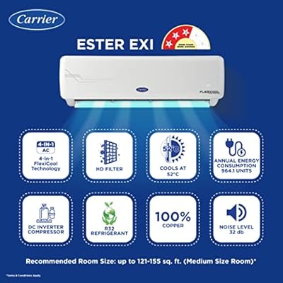 Carrier 1.5 Ton 3 Star AI Flexicool Inverter Split AC (Convertible 4-in-1 Cooling, Auto Cleanser, High Density Filter, Copper, 2023 Model,ESTER Exi - CAI18ER3R32F0,White) - Image 2