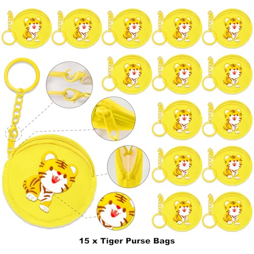 15 Pack Tiger Mini Coin Purses with Keyring for Tiger Jungle Safari Party,Goodie Bag Stuffer,Present for Friends,Creative Souvenirs,Birthday,Yellow2