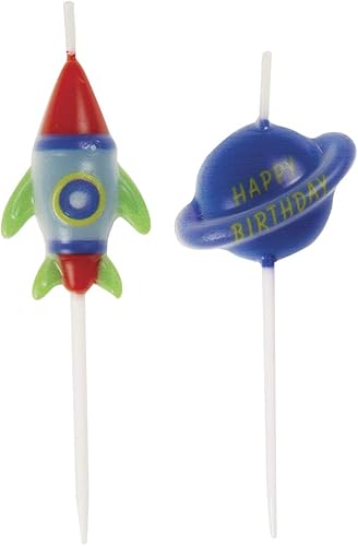 Outer Space Pick - Velas de cumpleaños (paquete de 6) Diseños estelares de cohetes y naves espaciales, decoraciones perfectas para pasteles con
