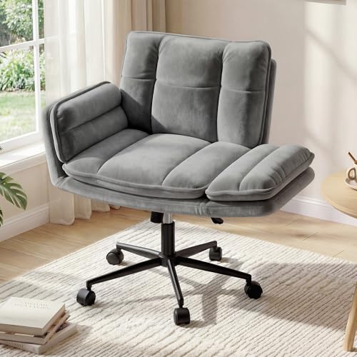 Image of DurayLoly Criss Cross Chair, Flip-Up Arms & Adjustable Height | Velvet, Thick Foam Seat,360 Swivel, Rolling Wheels, for Home Office, Bedroom, Makeup Room, Grey