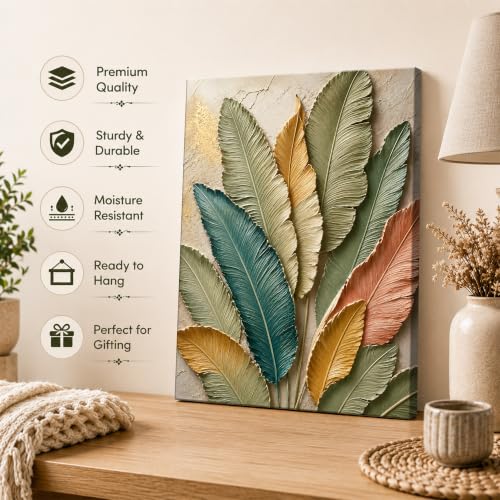 Image of PAINTINGMANTRA Textured Embossed Floral Leaf Canvas Wall Art Painting for wall decoration, Multi-Color Feather & Leaf Motifs Stretched Canvas Painting for living room, bedroom, Home and office, 16x22 Inch