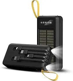 BLACKULTRA Banco de Energia Solar 20000mAh, Power Bank Portátil com Dupla Lanterna LED, Resistente à Água para Acampamento e Viagens, Preto