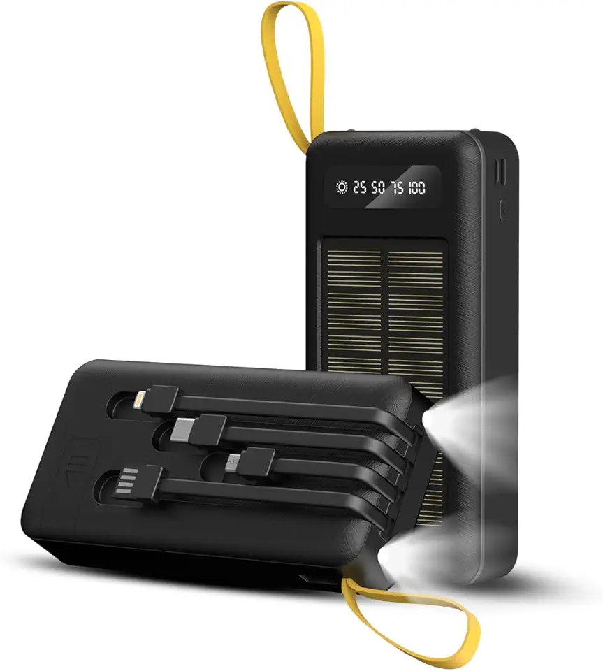 BLACKULTRA Banco de Energia Solar 20000mAh, Power Bank Portátil com Dupla Lanterna LED, Resistente à Água para Acampamento e Viagens, Preto