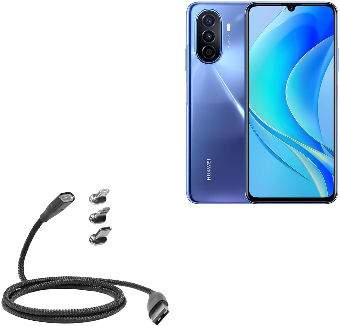 BoxWave Cable Compatible with Huawei nova Y70 Plus - MagnetoSnap PD AllCharge Cable (100W), Magnet Charging Braided USB Type-C Micro - Jet Black