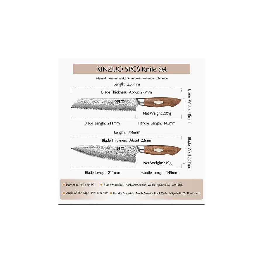 XINZUO-Damascus-AUS-10-Steel-5Pcs-Knife-Set-Japanese-Steel-Kitchen-Chef-Knife-Set-Professional-Cooking-Knife-Set-Chef-Santoku-Bread-Utility-Paring-Knfe-with-Black-Walnut-Wood-Handle XINZUO 5-Piece Kitchen Knife Set, Hand Forged Japanese AUS-10 Damascus Steel Professional Cooking Knife Set with Gift Box,Razor Sharp,Black Walnut Wood Handle