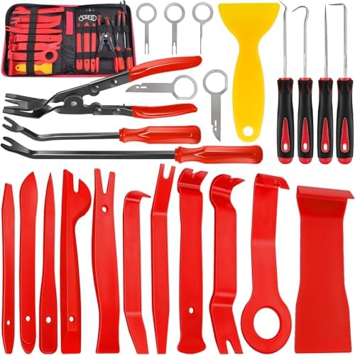 KEZE 24Pcs Trim Removal Tool Set with Pick & Clip Removal Tool, Sticker Scraper, Automotive Plastic Pry Tool, Car Panel Door, Stereo, Fastener Remover Kit, for Auto Interior, Molding, Dash(Red)