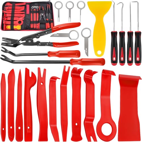 Keze 24Pcs Trim Removal Tool Set with Pick & Clip Removal Tool, Sticker Scraper, Automotive Plastic Pry Tool, Car Panel Door, Stereo, Fastener Remover Kit, for Auto Interior, Molding, Dash(Red)