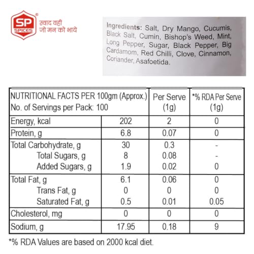 Image of SP Spices Kashmiri Mirch, Chaat Masala, Amchur, Ginger Powder & Kasoori Methi Combo Pack | Premium Indian Spices | Perfect for Cooking, Snacks, Chaat, Curries , vegetables & Marinades (100g ChatMasala)