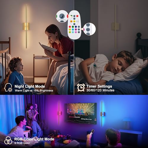 Image of KARTOOSH 28.3 Inch Battery Operated Wall Sconces Wireless Set of 2, Gold | RGB Wall Lamps, 3 Color Temps, Remote Control, Dimmable Rotatable, LED Wall Lights for Living Room Bedroom