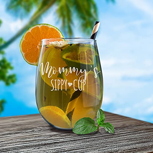 Shop4Ever® Mommy's Sippy Cup Engraved Stemless Wine Glass Funny New Mom Gift #TOP2