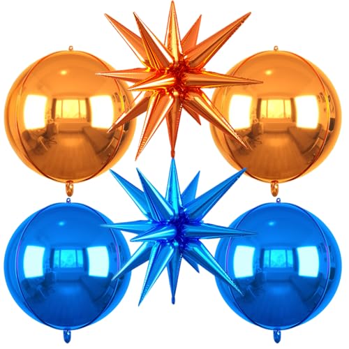 Image of 6pcs 22 inch Blue and Orange Star Balloons and 4D Large Foil Balloons, Dark Blue Foil Star Balloon Orange 4D Aluminum Balloon For Birthday Baby Shower Party Wedding Anniversary Engagement Decoration