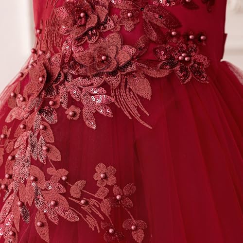 Girls' Elegant Flower Girl Dress with 3D Floral Appliques Puffy Short Sleeves High-Low Tulle Skirt for Weddings4