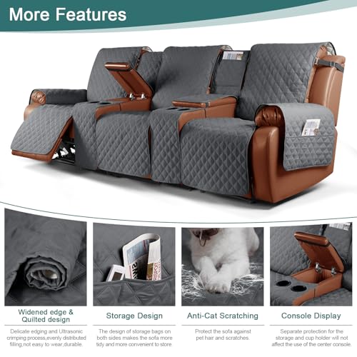 Image of Ruaozz Waterproof Recliner Sofa Cover with Console, Non-Slip Couch Cover Pet Cover for Double Recliner Split Sofa Cover with Elastic Straps for Kids, Dogs, Pets (Dark Grey, 3 Seater)