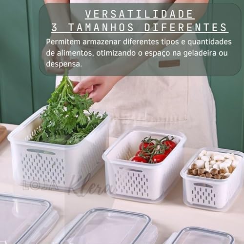 Kit 3 Potes Organizador de Geladeira Hermético com Trava nas Tampas Borracha Isolante e Cesto de Dre