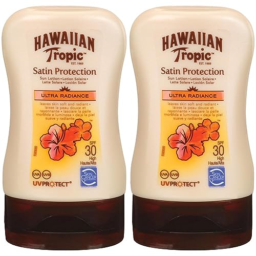 Hawaiian Tropic Satin Protection MINI Ultra Radiance - Loción Solar de Protección Alta SPF 30, Protege y Suaviza la Piel, Fragancia Frutas Tropicales, Formato Viaje 100 ml (Paquete de 2)