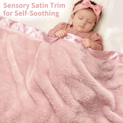 image for Pro Goleem Fleece Baby Blankets for Girls with 2 Inch Satin Trim, Supe
