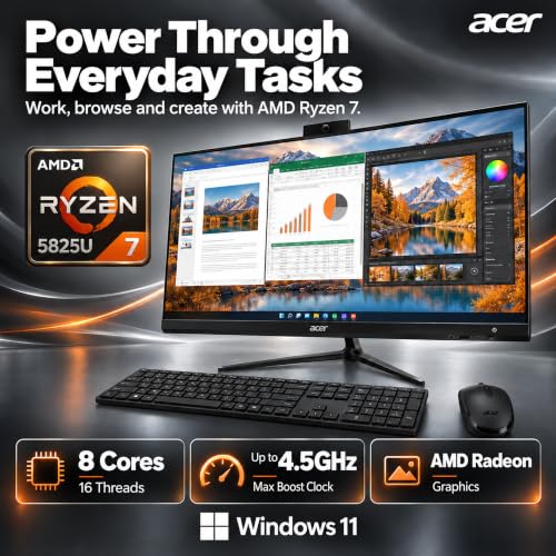 Image of Acer Aspire 27 inch IPS FHD All-in-One Desktop Computer | AMD 8-Core Ryzen 7 5825U (Up to 4.5GHz) | 16GB RAM, 256GB SSD | Office 365 for The Web | WiFi 6E, Bluetooth 5.3 | Wireless KB & Mouse | Windows 11