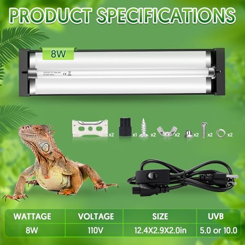 Image of QZQ T5 UVB Reptile Light Fixture Combo Kit 8W, UVB Light for Reptiles with Switchable 5.0 & 10.0 UVB Output, Terrarium Hood Lamp for Bearded Dragon, Snake, Gecko, Tortoise, Lizard
