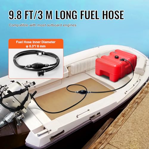VEVOR Portable Fuel Tank, 12 Gallon/55L, Plastic Outboard Marine Tank with Hose, Easy to Carry for Yacht, Fishing, Deck Boats, Red