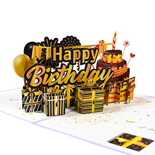 FONBAY Cartes d'anniversaire 3D Pop Up Carte d'anniversaire avec enveloppe Carte d'anniversaire drôle, Carte de vœux pour femmes, hommes, parents, amis, enfants (or noir) Cover