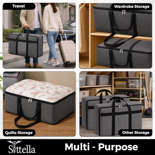 Image of SITTELLA Foldable Storage Bags, 58 L, Grey, 3 Pack | Fabric Storage Organizer Box, With Zip, Blanket & Quilt Storage, Space Saving Container