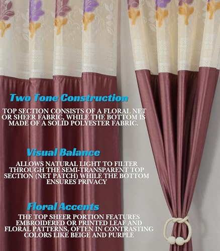 Image of LaVichitra 1 Piece Semi Sheer Floral Net Curtain - 9 X 4 Feet, Long Door Curtains, Burgundy