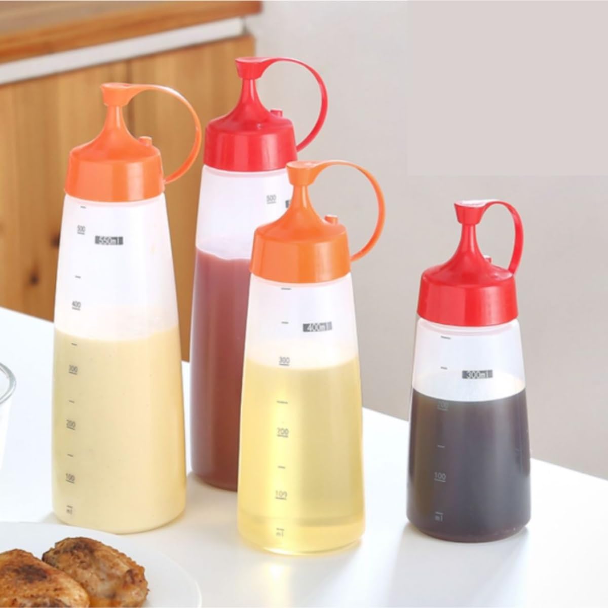 Quetschflasche Squeeze Flasche Quetschflasche, Küchengewürz, Ketchup, Plastiksauce, Kann 5 Flaschen Set Auspressen Saucenflasche(Rood,300ml)