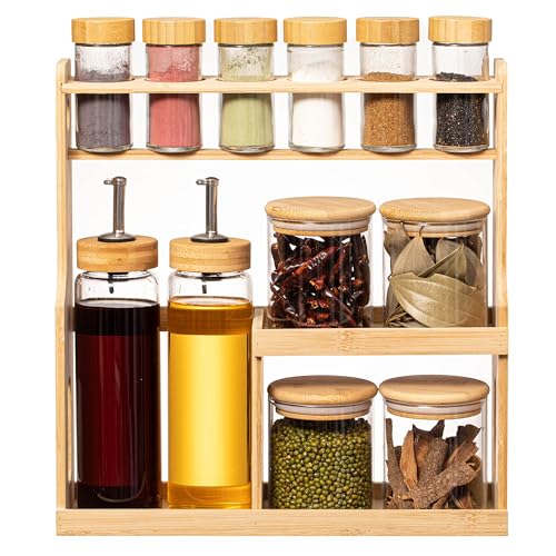 Basicwise 3-Tier Bamboo Spice Rack with 6 Spice Shaker Bottles, 4 Airtight Jars and 2 Soy Sauce or Olive Oil Dispenser Bottle Perfect for Kitchen Organization, Dining Room Display, and Pantry Storage