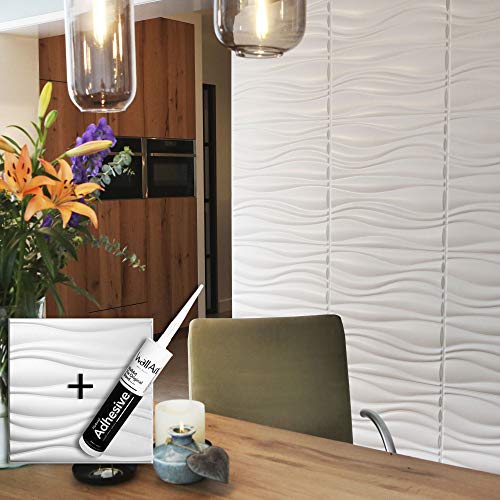 Panel de pared 3D para decoración de pared + Pegamento Paneles 3D I 12 Paneles Decorativos 3m2 WallArt I Papel Pintado 3D Pared 3D (02 - Panel de pared 3D Waves)