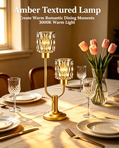 Image of Lightdot Mid Century Modern Table Lamp Vintage Gold Lamp Dimmable Gift | Nightstand Lamp Amber Glass Desk Lamp 2 Bulbs Included Warmwhite Ambient Bedside Lamps for Bedroom Living Room Home Decor