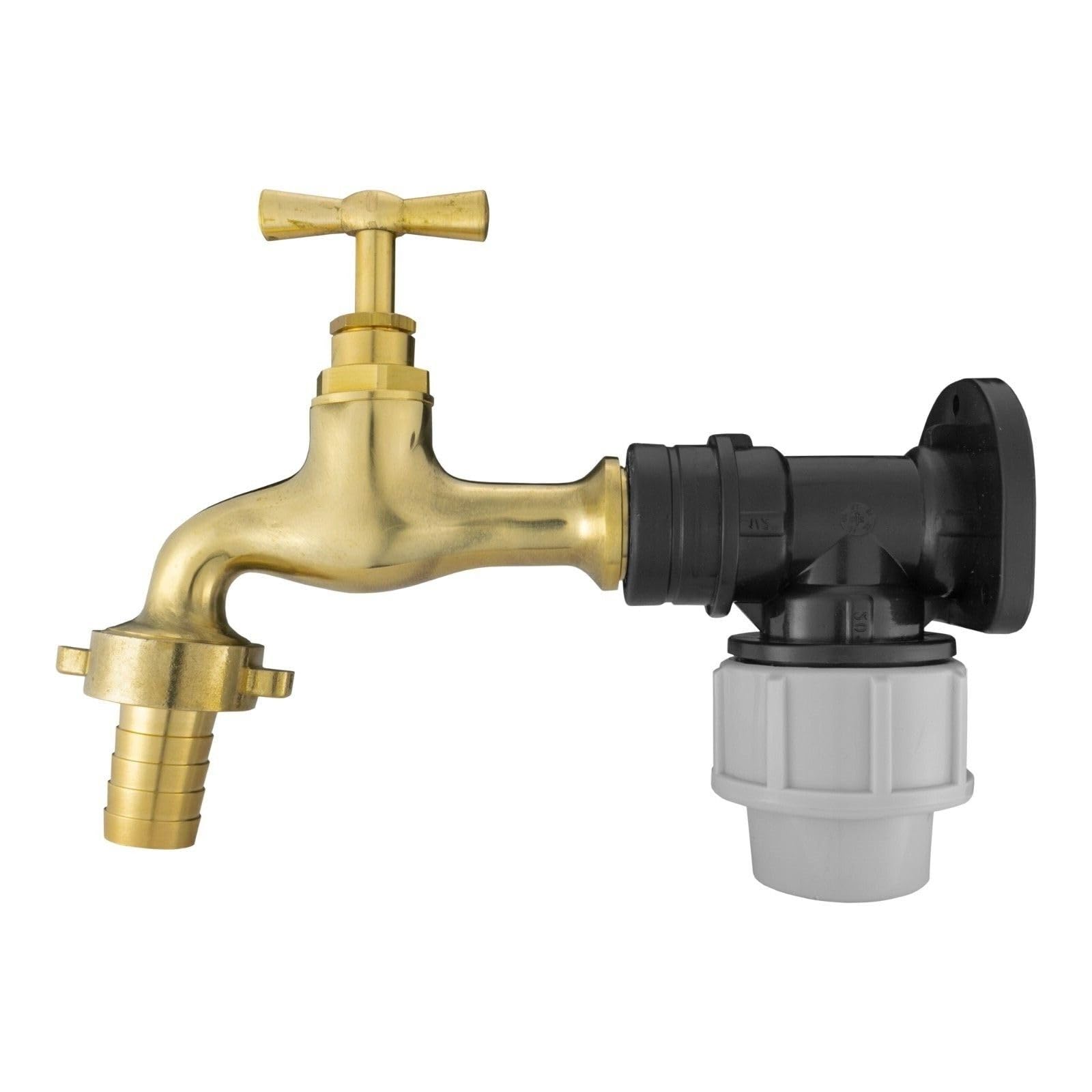 MDPE Compression Wall Flange Plate + Hozelock Compatible Quick Connect Tap 20mm (Polished Brass Bib - Barbed)