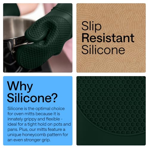 Image of GORILLA GRIP BPA-Free Soft Silicone Oven Mitts, 14.5x8.3, Heat Resistant and Waterproof Cooking Gloves, Thick Cotton Lining, Flexible Gripping for Baking Grilling, Kitchen Potholders Set, Hunter Green