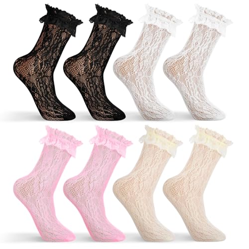 JIEYAO 4 Pairs Lace Ruffle Frilly Ankle Socks for Women, Soft Comfortable Cute Princess Dress Socks Lolita Accessories