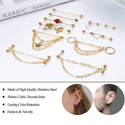 Sanfenly Industrial Piercing Jewelry 14G 16G Stainless Steel Industrial Earrings With Chain Dangle Industrial Piercing Bar Double Cartilage Helix Piercing Earrings Industrial Barbell For Women Men #TOP5