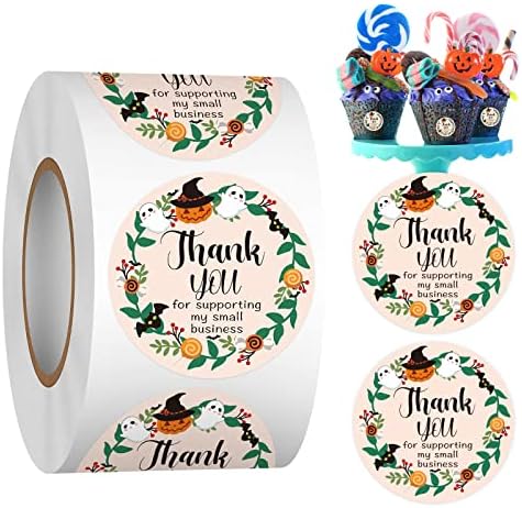 Thank You Halloween Label Stickers Roll, 1.5 inch 500 Pcs Cute Halloween Fun Stickers for Small Business, Round Seal Ghost Stickers for Goodie Bags Gift Favors Box Cards Decorations