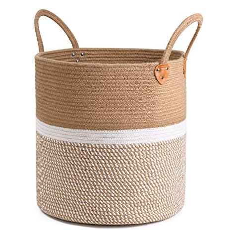 CHICVITA Extra Large Jute Basket Woven Storage Basket with Handles – Laundry Basket Toy Towels Blanket Basket Home Decor Gift, 16" x 16", White Cover