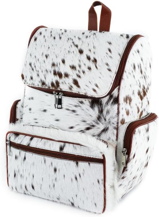 Cowhide Leather Backpack Hair-On Hide Western Knapsack - Brown & White Genuine Leather Travel Shoulder Bag, Diaper Bag, College & Everyday Use