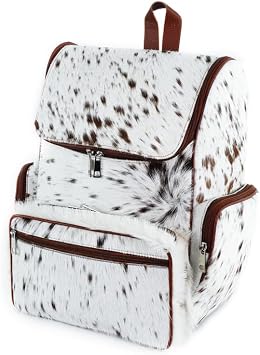 LP-FACON Western White & Brown Cowhide Leather Backpack - Everyday Travel Backpack - Genuine Leather Cow Print Diaper Bag