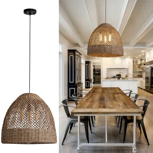 Teru Ji Kaikang 19' Rattan Pendant Light,Hand-Woven Rustic Wicker Hanging Light 3-Light Seagrass...
