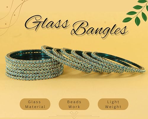 Image of NMII Glass Golden Beads & Pearls Moti Work Designer Bangles Set For Women & Girls | Kanch ki Chudi Set | Girl's Bangles Bracelet | Glass Bangles | Daily, Wedding, Party, Fashion Jewellery- Set of 12