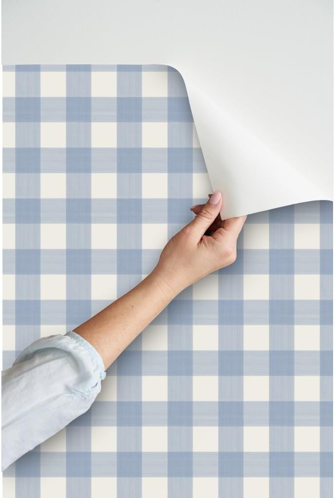 Spoonflower Peel & Stick Wallpaper 3ft x 2ft - Buffalo Plaid Soft Blue Cream Gingham Check Custom Removable Wallpaper