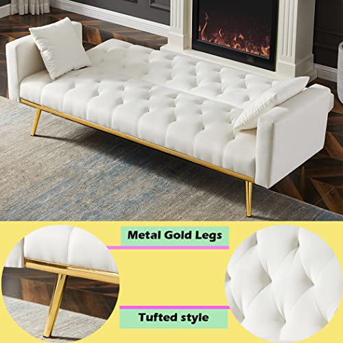 Dnchuan Velvet Futon Sofa Bed,3 Seater/Plus-Loveseat Sleeper Sofa,Button Tufted With 2 Pillows And Gold Metal Legs, Easy Assembly-Off White #TOP4